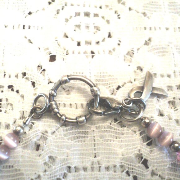 Breast Cancer Bracelet Pink Beads & Crystals .925 Sterling Silver BC Ribbon 7.5" - Picture 4 of 4